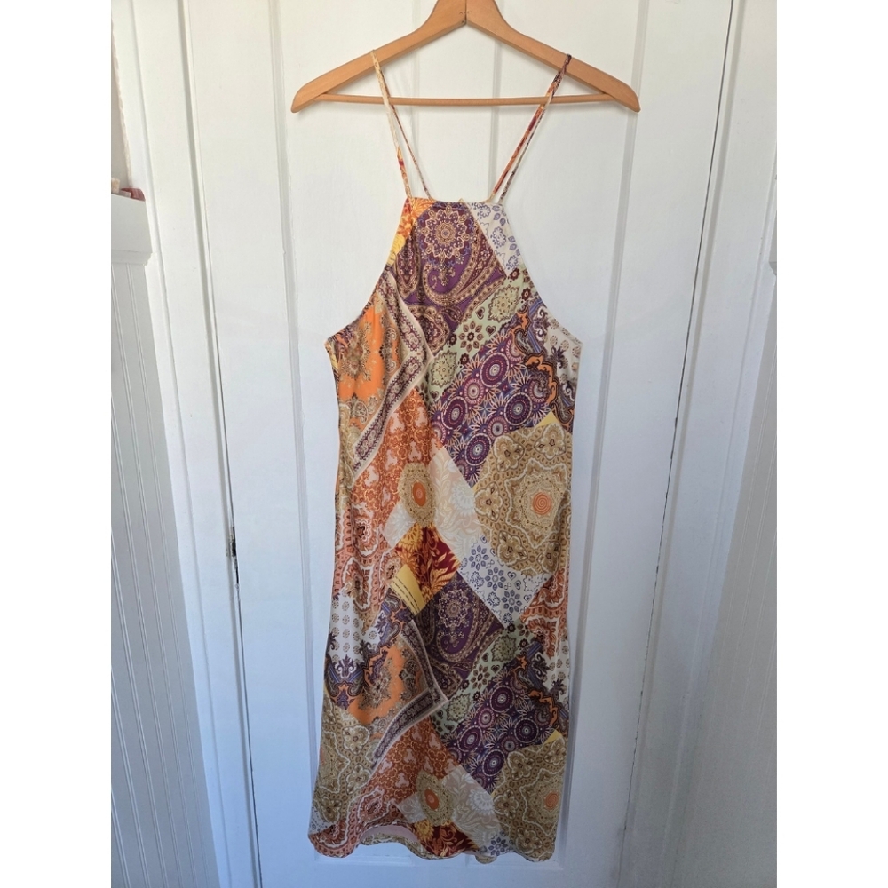 Vici Women's Patchwork Midi Dress Size M Silky Boho‎ Hippie Fairy Scarf Print